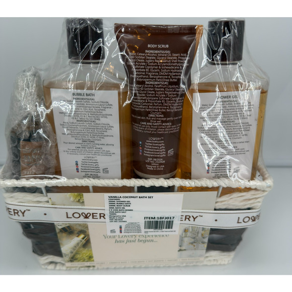 New 8 Piece Lovery Vanilla Coconut Deluxe Bath And Body Spa Set with Basket - Picture 8 of 11